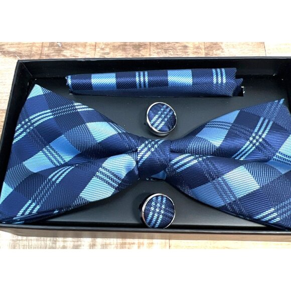 Elegant Blue Plaid Bow Tie Set With Cufflinks & Pocket Square By Retreez - Picture 1 of 3